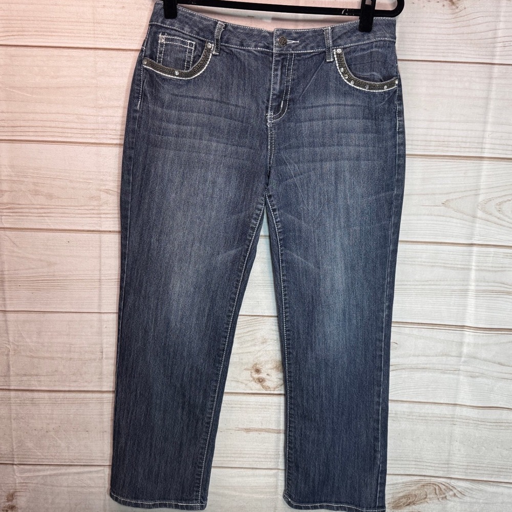 Earl Jean Womens Medium Wash Embellished Cross Back Pocket Straight Leg Jeans 16